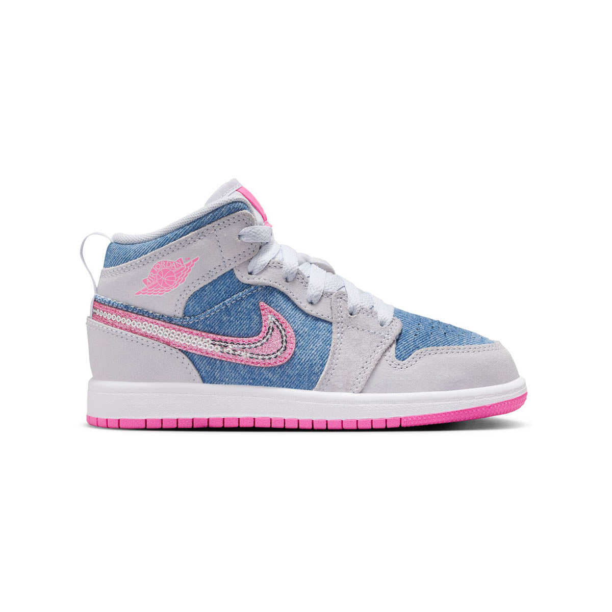 Shop Jordan 1 Mid SE 'Denim Sequin' Little Kids' Shoes